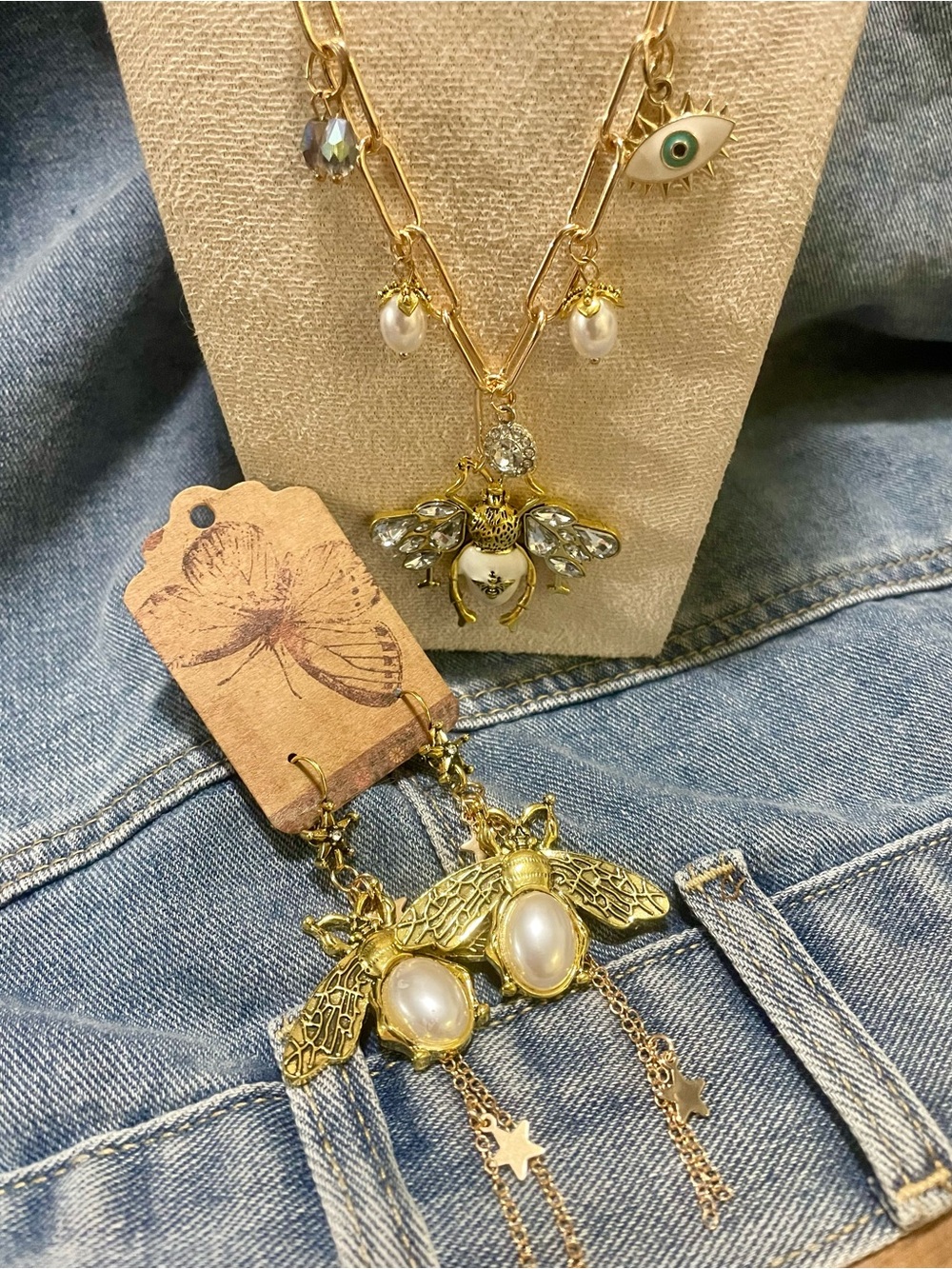 Hand Crafted Gold Bee Necklace and Earrings with White Pearls and Blue Eye Charm